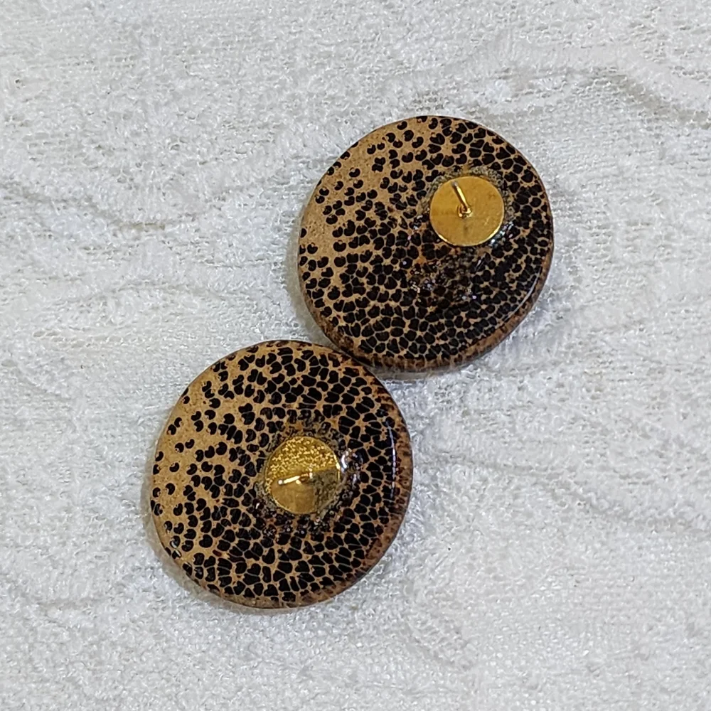 Vintage Round Wooden Animal Print Tan and Black Pierced Earrings